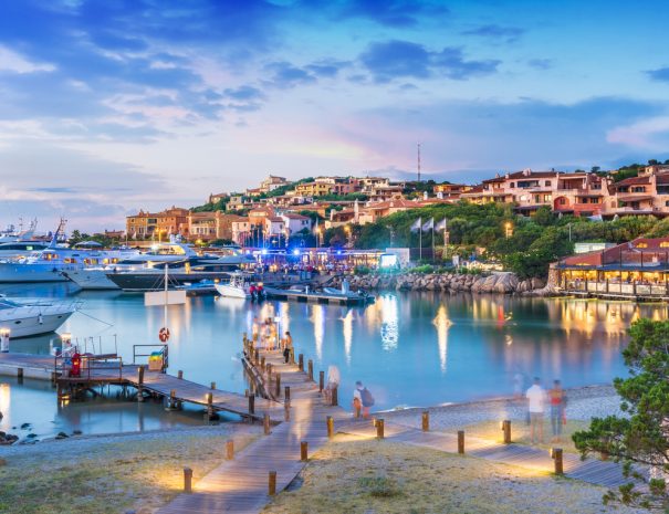 View of harbor and village Porto Cervo, Sardinia island, Italy